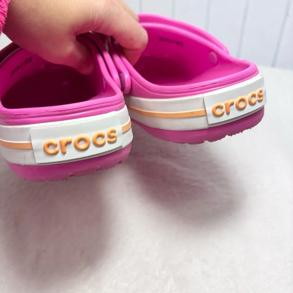 Crocs Crocband Girl's Clogs Bubble‎ Gum Pink With Yellow Stripe Band Size J 6